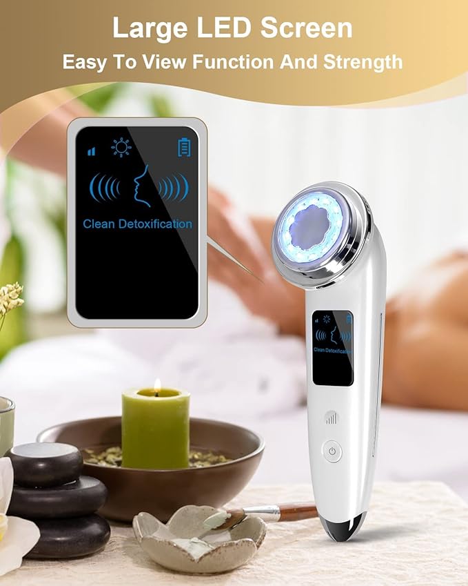 Handheld device with large LED screen on a table with a blurred background