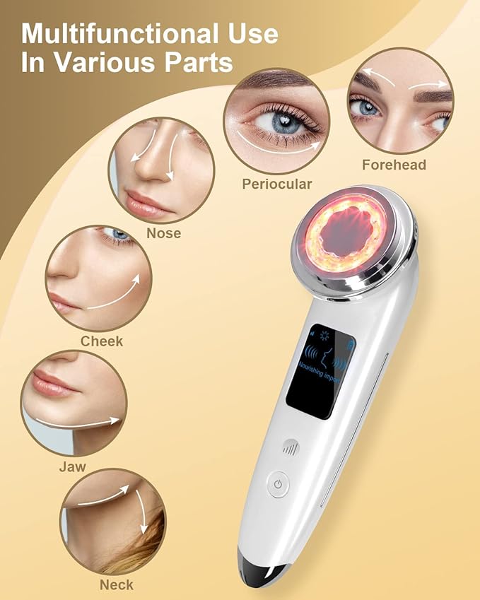 Multifunctional skin care device with labeled parts on a beige background
