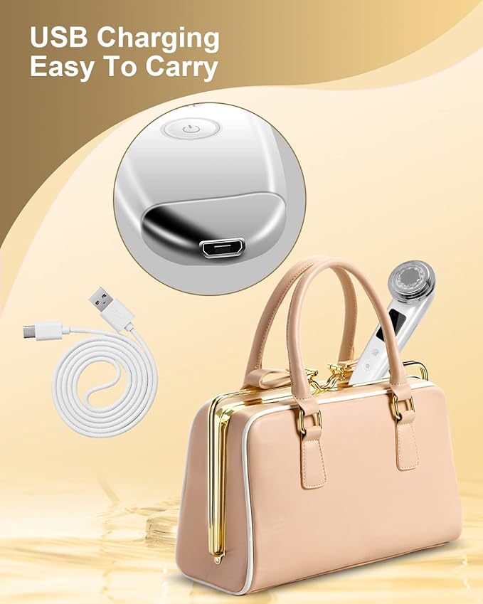 Handbag with USB charging cable and adapter on a beige background