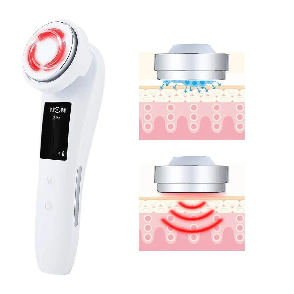 Beauty device with digital display and close-up of skin layers on a white background