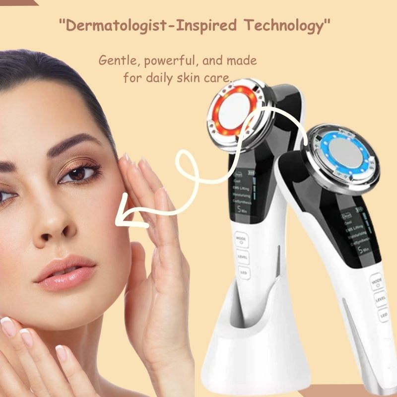 Facial skin care device with a woman touching her face on a beige background, labeled 'Dermatologist-Inspired Technology'.
